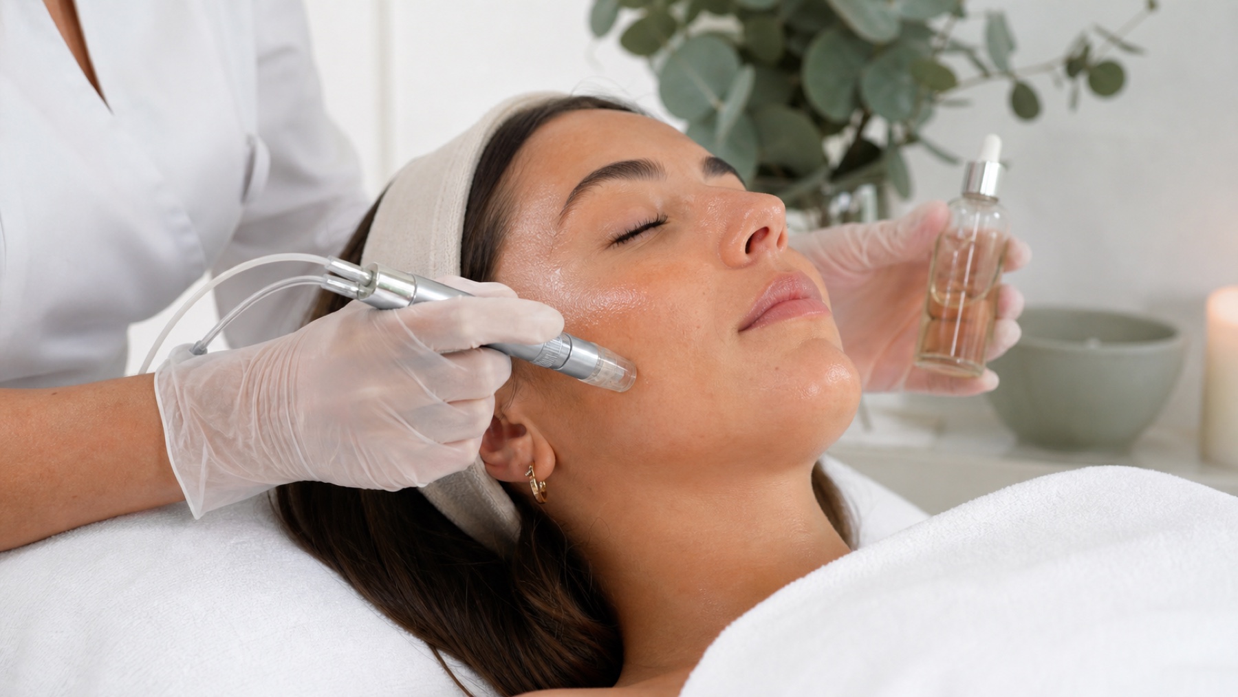 Surface facial care with a handheld device and serum