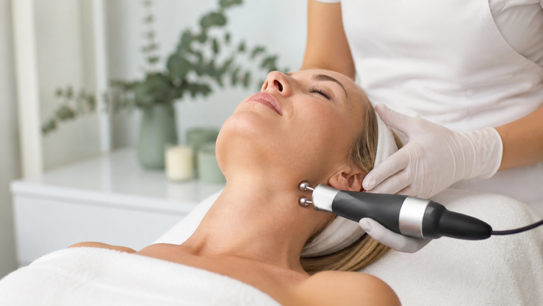 Handheld skincare device applied along the neck